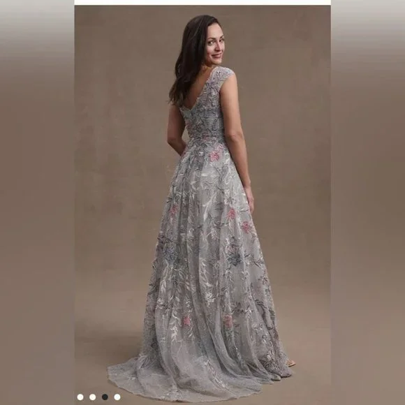 NWT MAC DUGGAL EMBROIDERED ILLUSION CAP SLEEVE A LINE GOWN SILVER 20263 - Picture 4 of 8